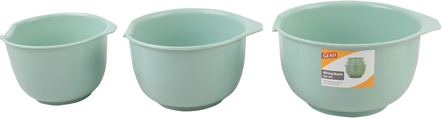 Glad Mixing Bowls with Pour Spout, Set of 4 - Nesting Plastic Bowls (1.2qt, 1.9qt, 2.8qt, and 3qt with Handle) - Non Slip Base, Dishwasher Safe Kitchen Cooking and Baking Supplies, Green