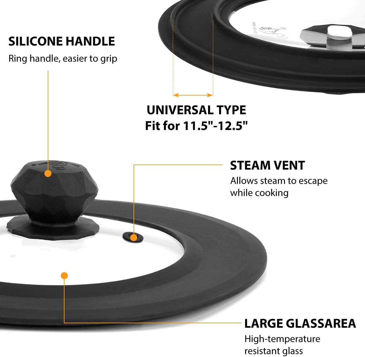 Vented Tempered Glass Universal Lid for Pot Pan Skillet with Heat Resistant Silicone Rim Microwave Splatter Lid Cover Microwave Safe Fit 11.5" 12" 12.5" Cookware, Dishwasher Safe Grey