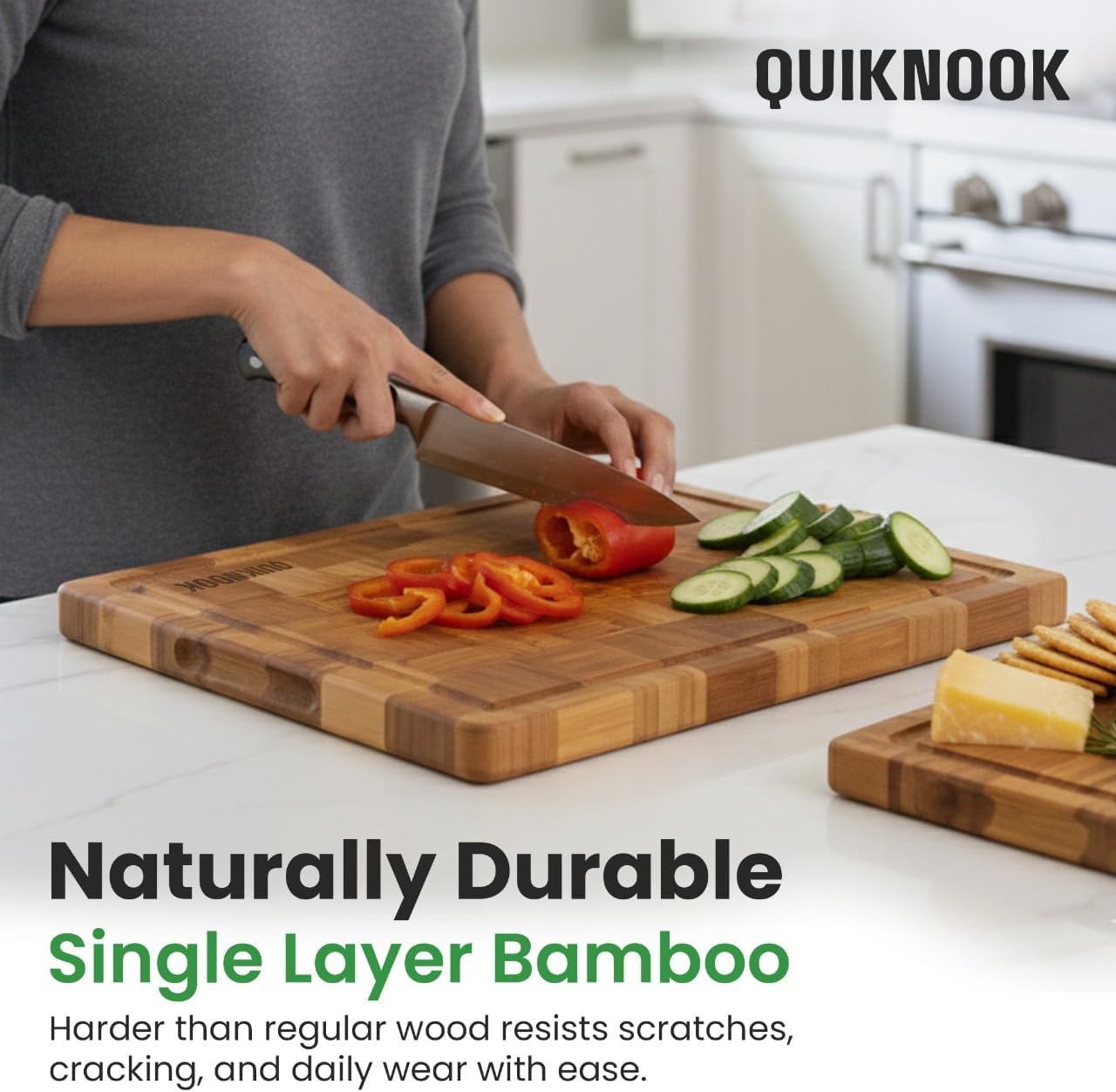 Bamboo Cutting Board Set of 3 with Holder | Non-Slip End Grain Chopping Block | Heavy-Duty Knife-Safe Bamboo Wood Cutting Boards for Kitchen Prep | Deep Juice Groove for Meat Veggies & Fruits