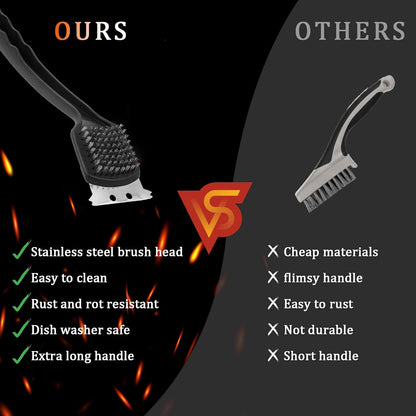 15.75” Grill Brush - Heavy Duty BBQ Scraper with Ergonomic Non-Slip Grip & Steel Bristles, Deep Clean Outdoor Grill Grates Without Bending (Safer, Long Handle)