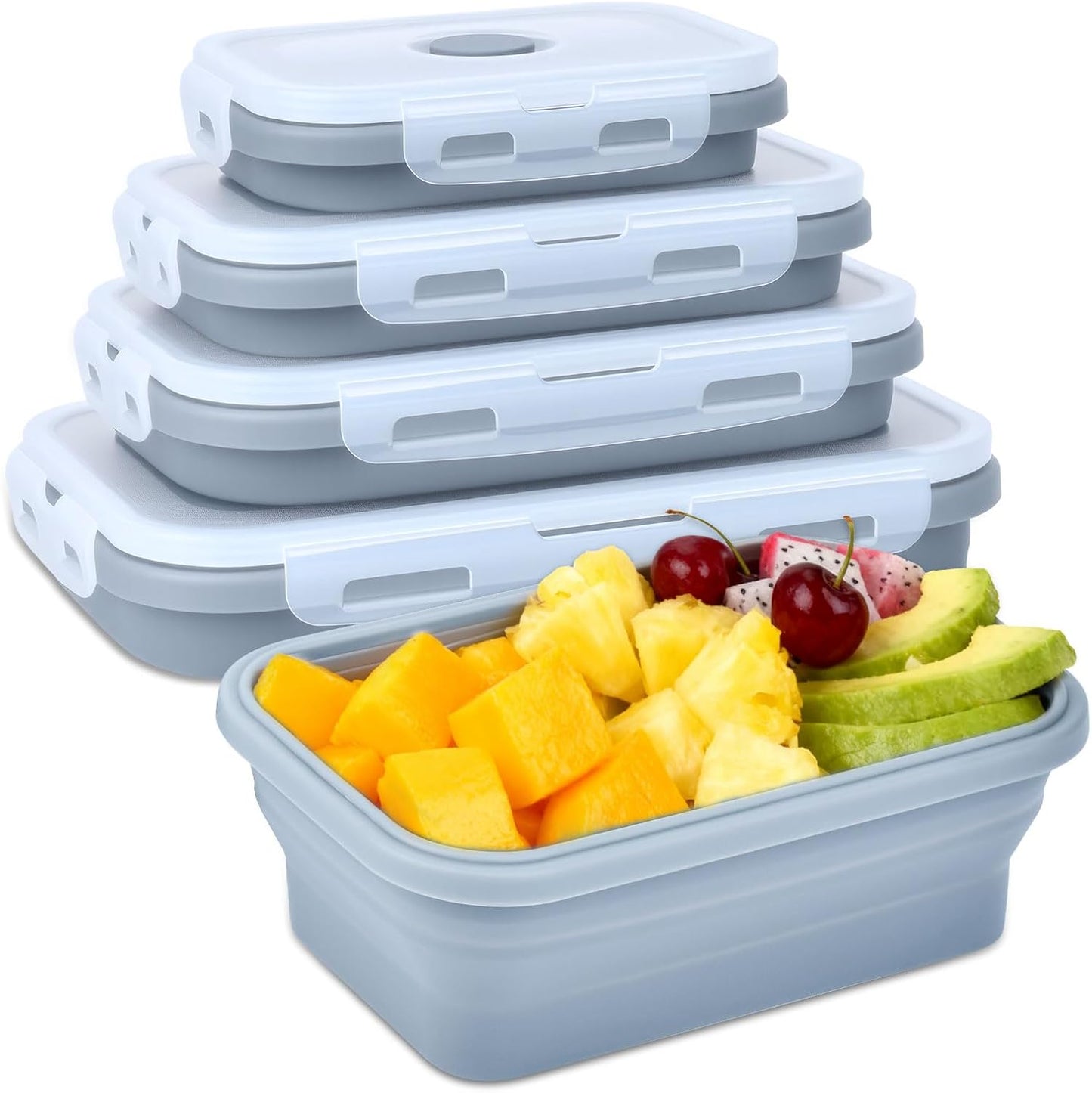 Collapsible Silicone Food Storage Containers 4 Set Airtight Leak Proof Food Containers with Lids Stackable Meal Prep for Microwave Freezer Dishwasher for Kitchen Camping Office Gray