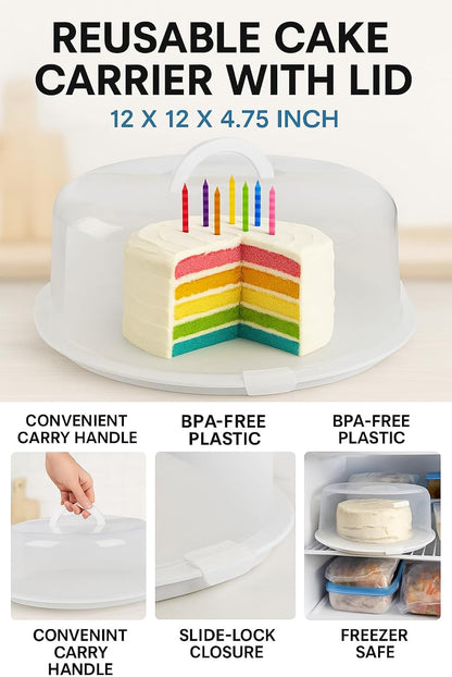 Reusable Cake Carrier with Lid – 12 x 12 x 4.75 Inch BPA-Free Plastic Container with Handle – Fits 10-Inch Round Cakes – Freezer Safe, Lightweight, Clear Cake Holder for Storage & Transport