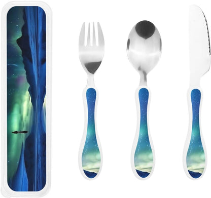 3-Piece Kids Silverware Set With Storage Case, Stainless Steel Reusable Children Safe Knife Spoon Fork Set Dolphin Children Flatware Set For Kids Lunch Box