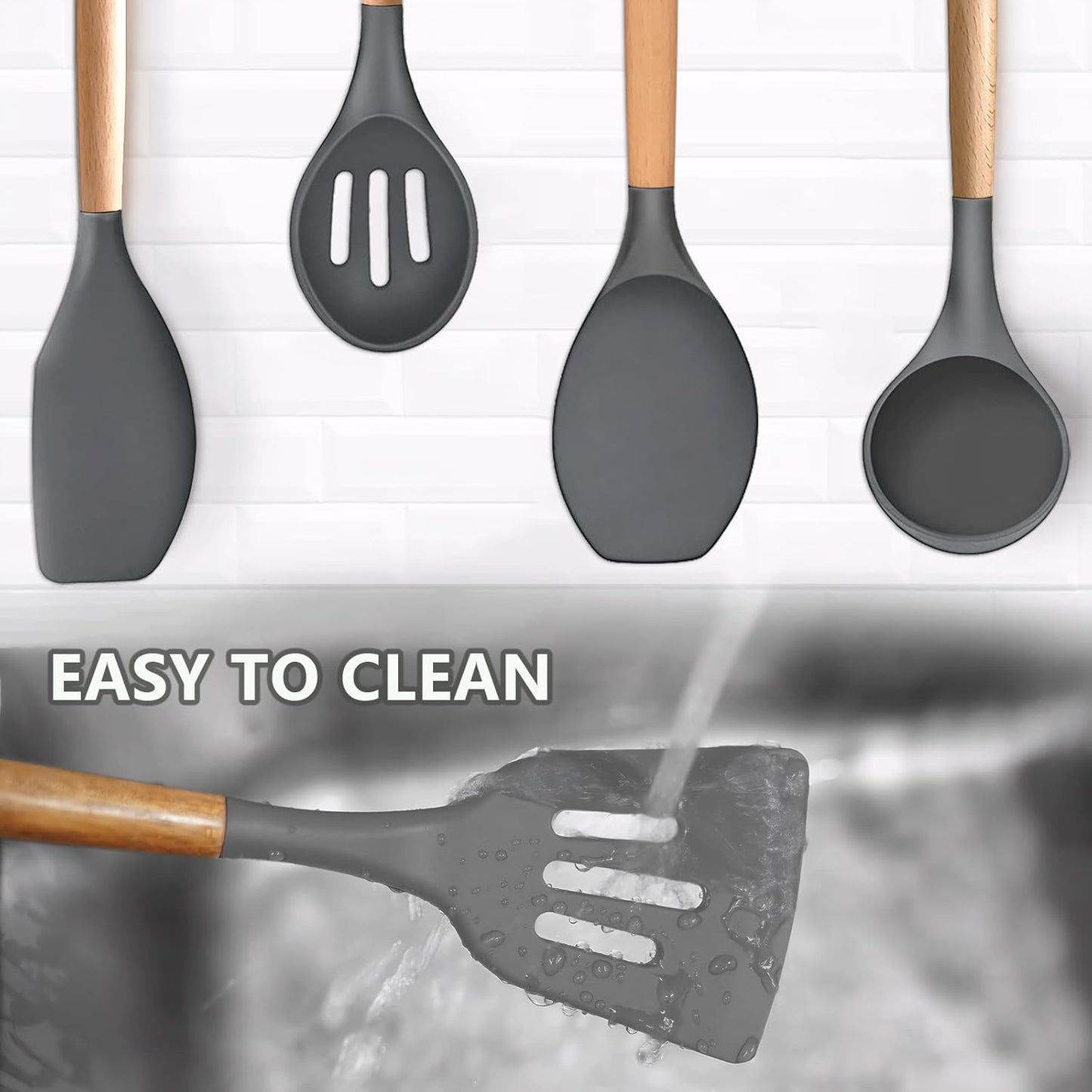 Kitchen Cooking Utensils Set, 6Pcs Silicone Kitchen Utensils Set Spatula Spoon Soup Ladle Turner, Heat Resistant Wooden Handle Silicone Cooking Gadgets for Nonstick Cookware & Baking BPA FREE