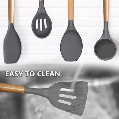 Kitchen Cooking Utensils Set, 6Pcs Silicone Kitchen Utensils Set Spatula Spoon Soup Ladle Turner, Heat Resistant Wooden Handle Silicone Cooking Gadgets for Nonstick Cookware & Baking BPA FREE