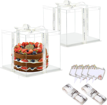 Clear Cake Box, 2 Pcs Transparent Cake Carrier Box with Lids, 4'' PET Packaging Boxes with Ribbon Gift Card for Pastries, Clear Gift Boxes for Birthday, Wedding and Festival Party, White.