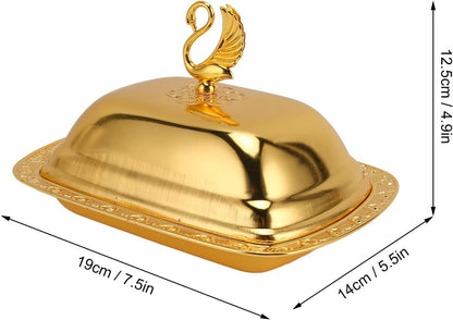 Stainless Steel Serving Tray, 7"x 5" Appetizer Plates with Swan Handle Lid, Fruit Dish Snack Serving Tray Decorative Dessert Platter Candy Holder for Wedding Home Birthday Party (Gold)