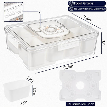 Snackle Box Container with Reusable Ice Pack, 8-Compartment Divided Serving Tray with Lid & Handle, Cooling Charcuterie Snack Box Organizer for Travel, Outdoor Parties, Beach & Picnic