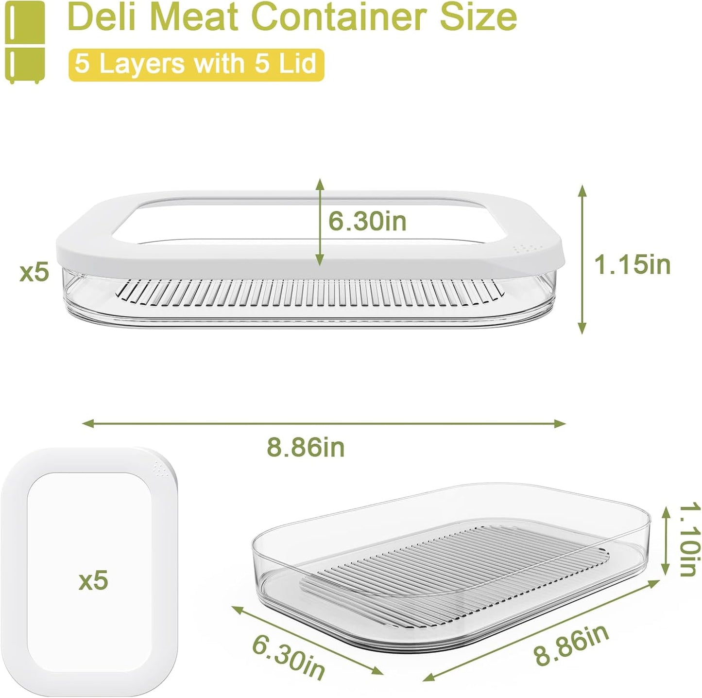 Cecnamt Stackable Deli Meat Container with Drainage Groove and Silicone Lid, Clear Refrigerator Storage Containers for Lunch Meats, Cold Cuts, Bacon, Cheese, BPA Free - 3 Layer