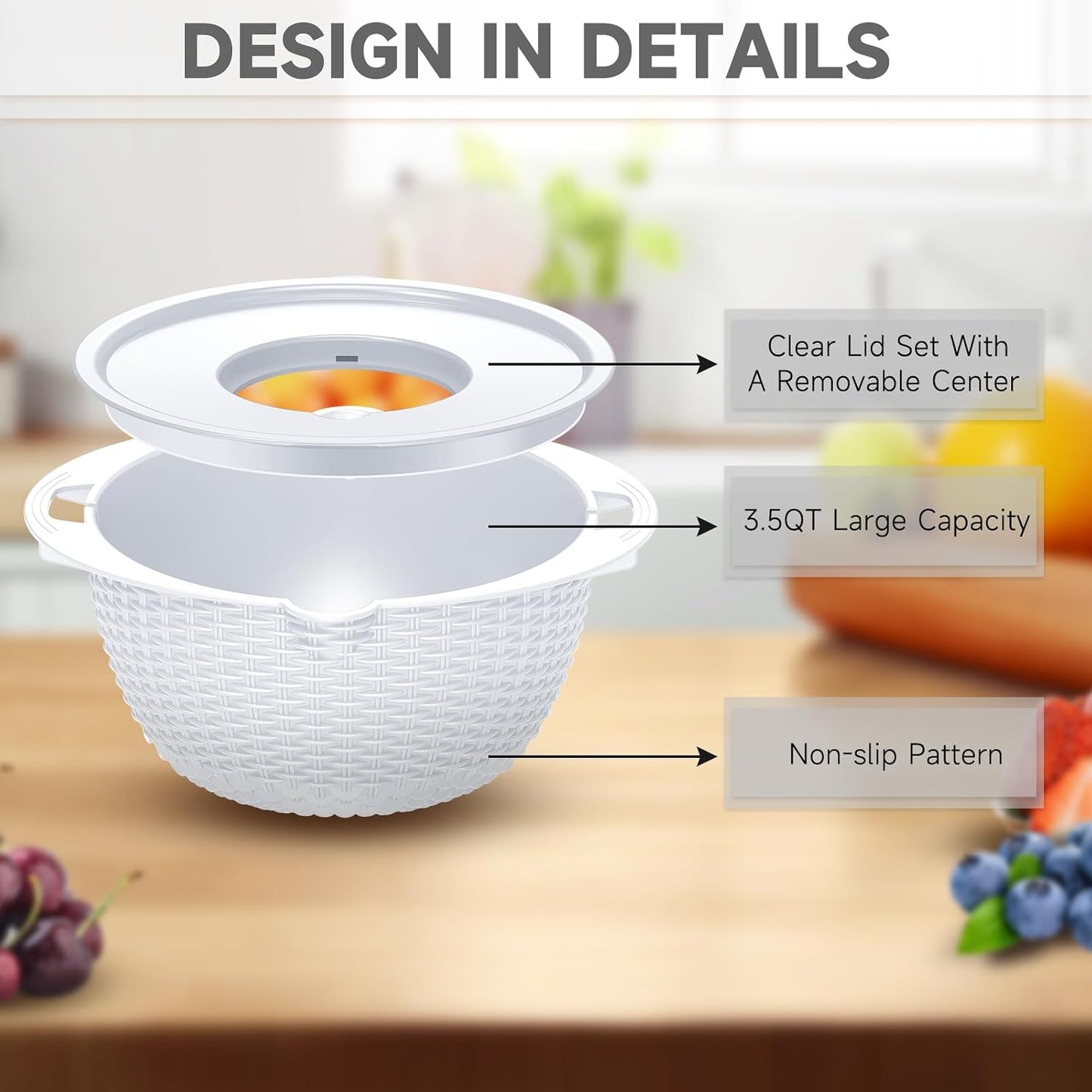 4-1 Colander with Bowl & Spoons Set - Rotatable Colander for kitchen with New Upgraded Graters, Food Strainer(Patented) for Pasta, Fruits, Vegetables, Funny Presents for Women, Beige