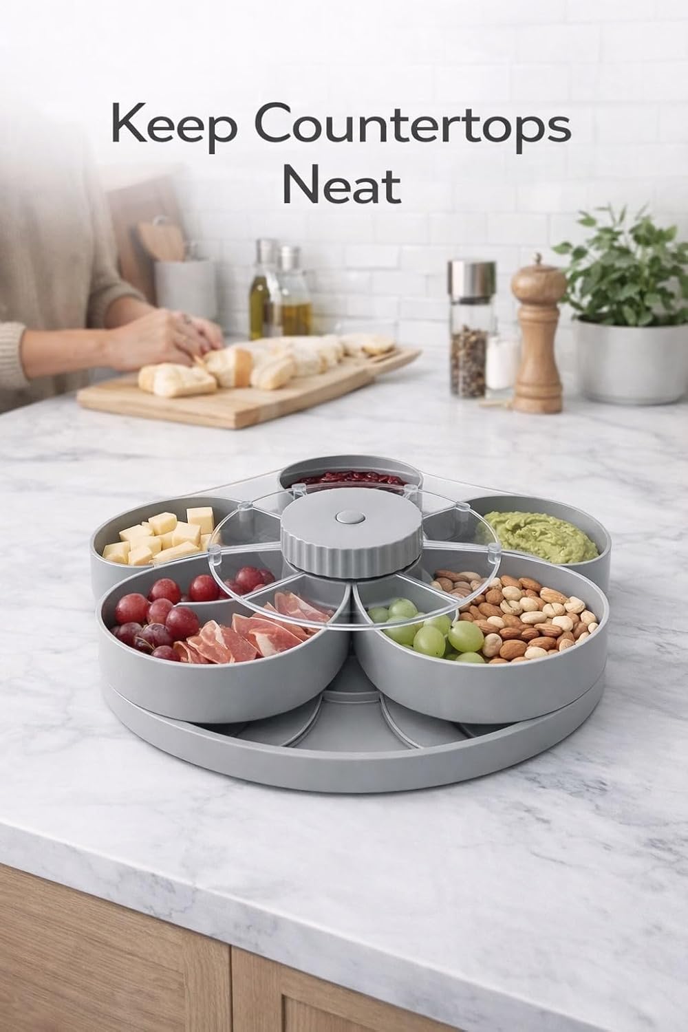 Divided Serving Tray that Spins, 5-Compartment Twist-to-Open Snack Tray with Lid, Expandable Party Platter for Fruit, Candy, Nuts, Veggies and Dips, Gray