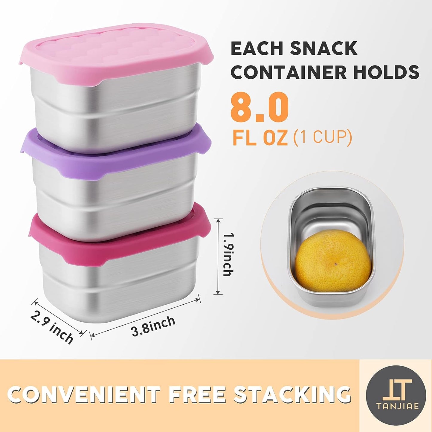 Tanjiae Small (1 CUP) Stainless Steel Snack Containers for Kids | Easy Open Leak Proof Food Containers with Silicone Lids - Perfect Metal Toddler Lunch Box for Daycare and School (8oz)