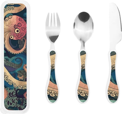 3-Piece Kids Silverware Set With Storage Case, Stainless Steel Reusable Children Safe Knife Spoon Fork Set Airplane Sunset Children Flatware Set For Kids Lunch Box