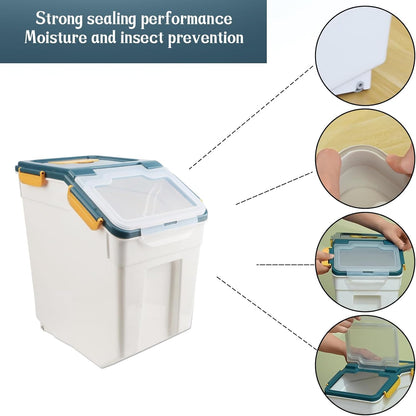 AnRui Airtight Flour Storage Container 25lb, Plastic Grain Storage Bucket, Rice Cereal Dispenser Organizer Box with Lid, Cat Dog Food Storage Bin with Measuring Cup, Scoop, Wheels, 2Pcs Green