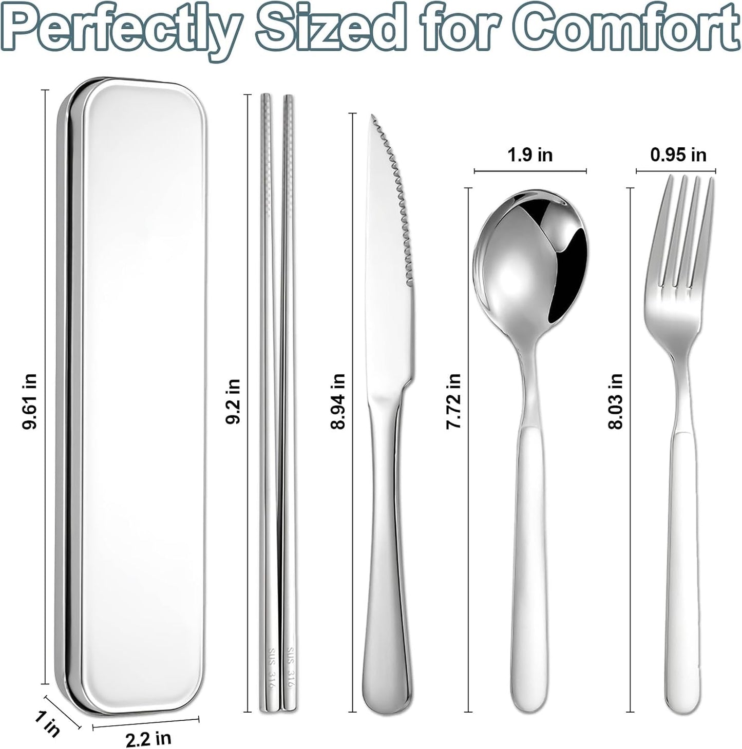 316 Stainless Steel Travel Utensils Set with Case - Food Grade Reusable Cutlery for Work, Camping, Picnic, Lunch Box - Include Fork, Knife, Spoon, Chopsticks