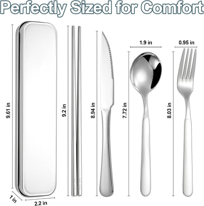 316 Stainless Steel Travel Utensils Set with Case - Food Grade Reusable Cutlery for Work, Camping, Picnic, Lunch Box - Include Fork, Knife, Spoon, Chopsticks