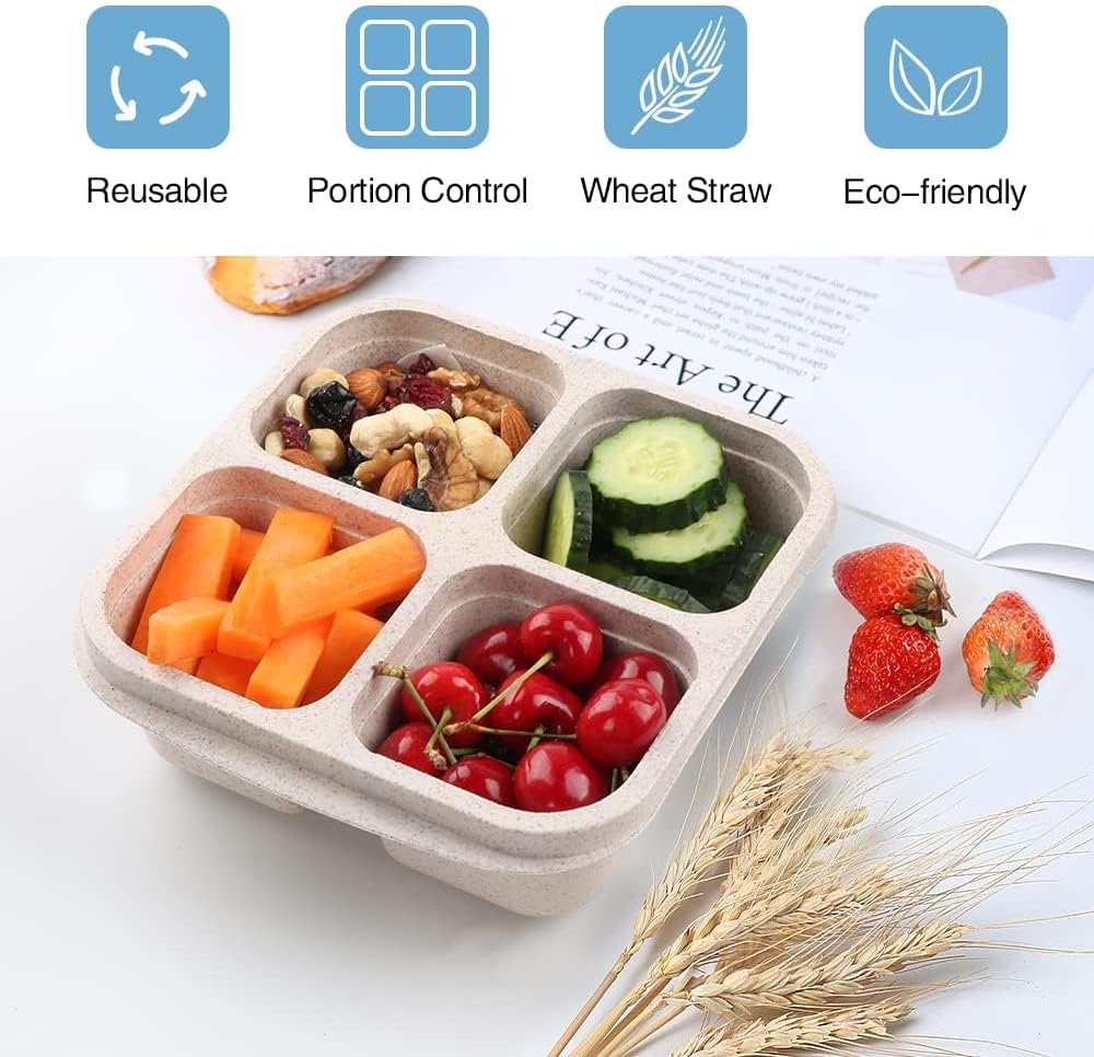 8 Pack Snack Box Container, 4 Compartments Bento Snack Containers for Organized Meal Prep, Reusable Divided Lunch Food Storage Containers for Work, Picnic– Microwave, Dishwasher, Freezer Safe