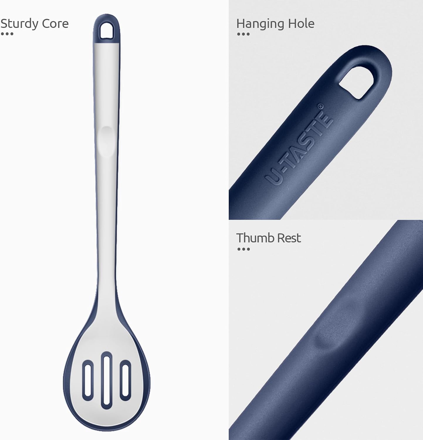 600ºF Heat Resistant Silicone Spoons: U-Taste 13.3in Solid & Slotted Kitchen Cooking Tool, Nonstick Long Rubber Utensil, Sturdy for Mixing, Serving, Stirring, Frying, Basting (Aqua Sky, 2PCS)