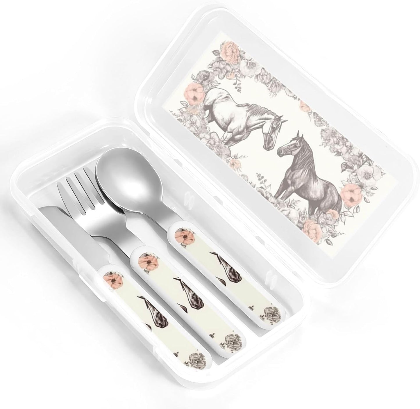 Stainless Steel Kids Silverware Set, Flowers And Horses Hand Drawn Utensil Set Reusable Children Safe Knife Spoon Fork Set With Storage Case Dishwasher Safe For Lunch, Travel Outdoors