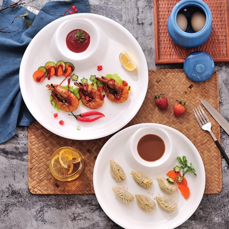 9-Inch White Ceramic in-Dish Serving Plate with Sauce Compartment for Dumplings Snacks and Appetizers - Elegant Dining Solution