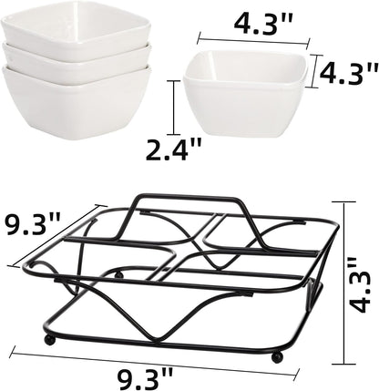 Pumtus Ceramic Divided Serving Dishes, 4 Removable Snack Bowls with Metal Stand, 9 Inch Appetizer Platter with Handle, Dip Bowls for Party, Condiment Serving Relish Tray for Chips & Dips, Nut, Candy
