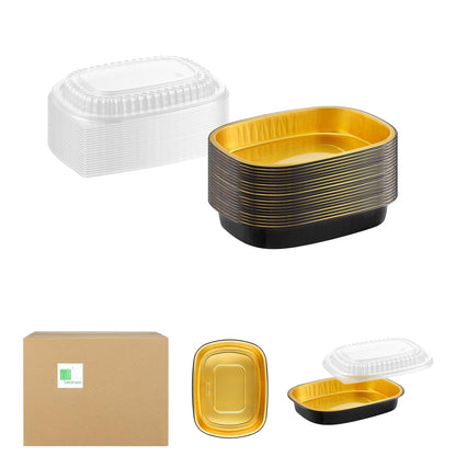 20-Pack 25oz / 7" × 5" Oval Aluminum Foil Pans with Snap-On Lids – Heavy-Duty Reusable Containers for Takeout, Parties, BBQ, Catering (Black)