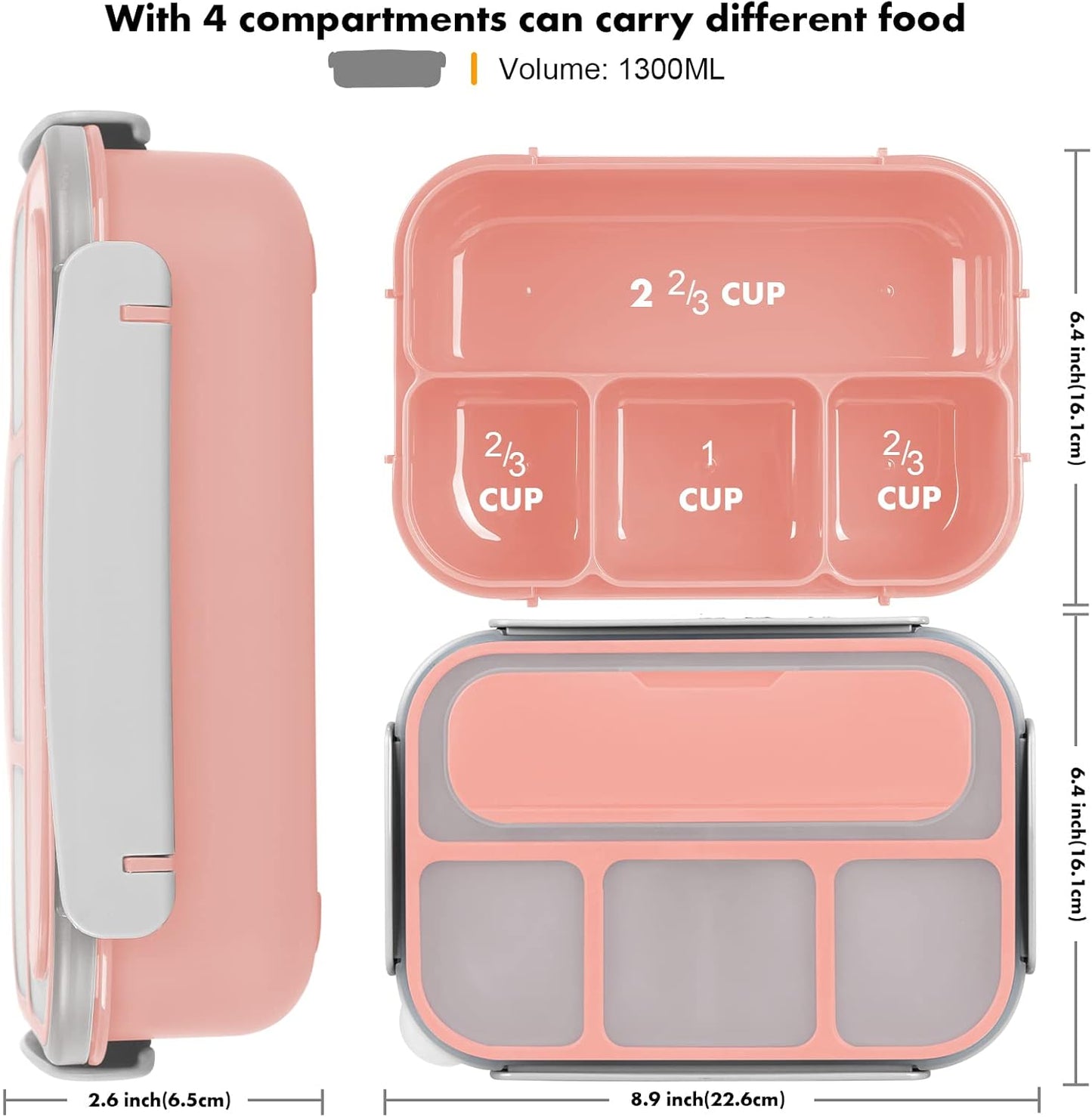 Yumuk Bento Box Adult, Lunch Box Containers for Adults Men Women, 5 Cup Bento with 4 Compartments &Spork &Sauce Box, Leak-Proof, Microwave/Dishwasher Safe(Beige)