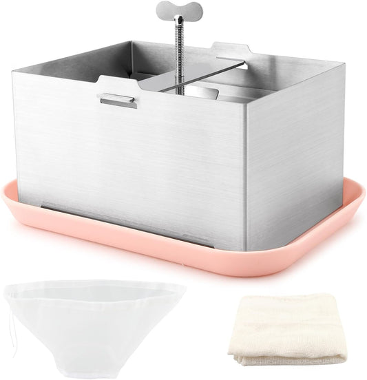 304 Stainless Steel Tofu Press Kit w/Drip Tray, Press Towel, Draining Bag