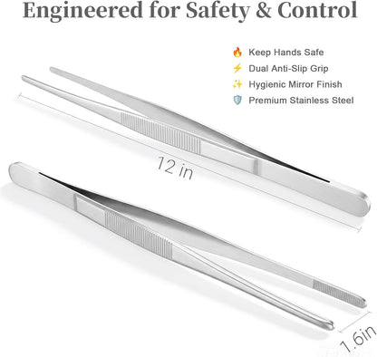 12-Inch Kitchen Tongs & Tweezers, Premium Cooking Utensils for Grilling, BBQ & Meat Handling, Stainless Steel Tong & Tweezer for Home Kitchen 1Pcs HULZJIL