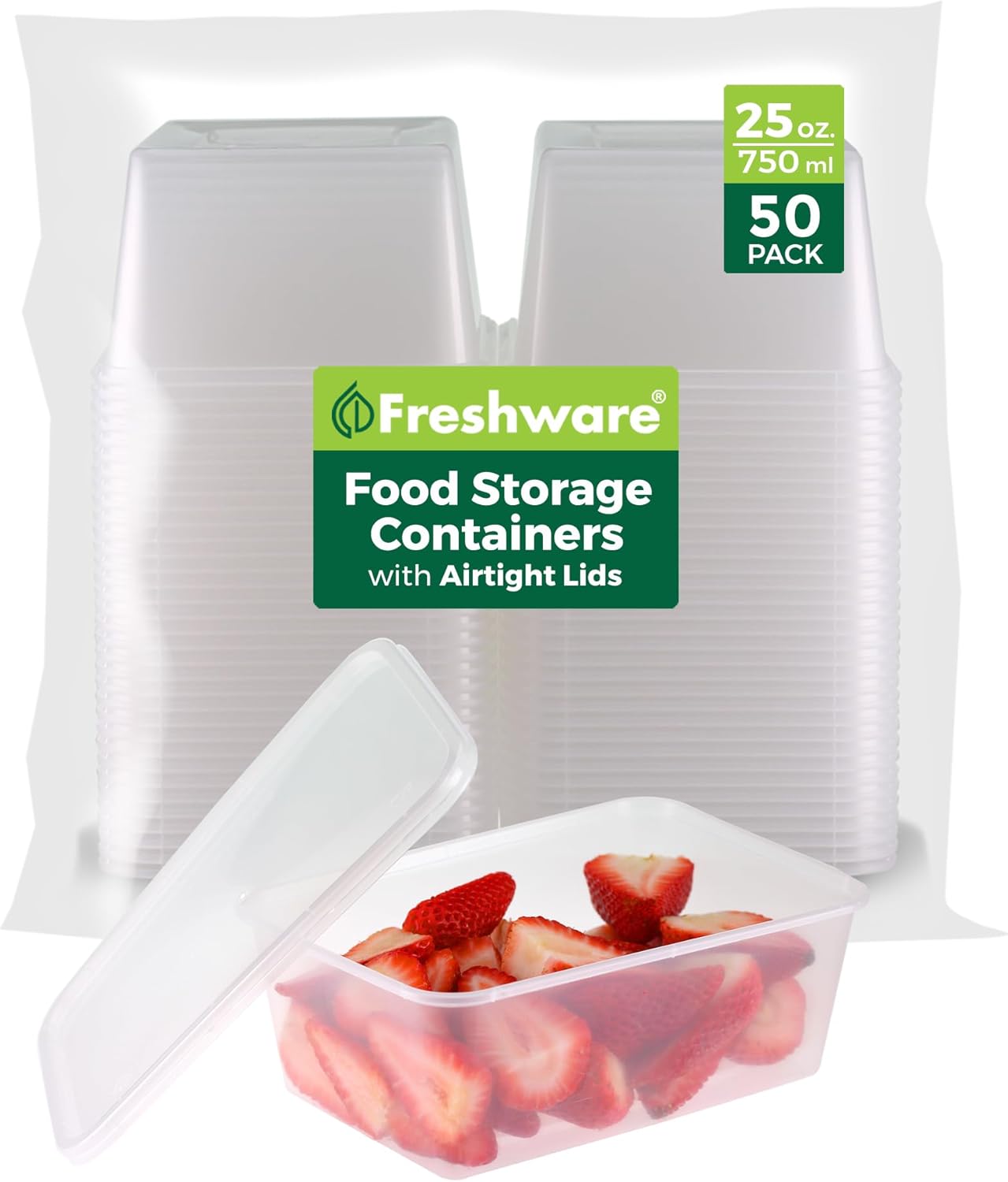 Freshware Food Storage Containers with Lids [60 Pack 8, 16, 32 oz, 20 sets each size] Plastic Deli Containers, Meal Prep Containers, Microwave and Freezer Safe, Stackable, Leakproof, BPA Free, Clear
