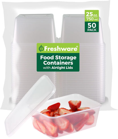 Freshware Food Storage Containers with Lids [60 Pack 8, 16, 32 oz, 20 sets each size] Plastic Deli Containers, Meal Prep Containers, Microwave and Freezer Safe, Stackable, Leakproof, BPA Free, Clear