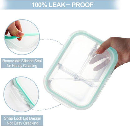 Bayco 8 Pack Glass Meal Prep Containers 3 Compartment, Glass Food Storage Containers with Lids, Airtight Lunch Bento Boxes, Leak Proof (8 lids & 8 Container) - Grey