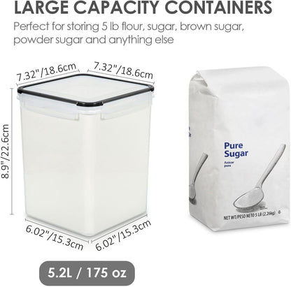 Vtopmart 4 PCS Large Food Storage Containers 5.2L / 175oz, 4 Pieces BPA Free Plastic Airtight Canisters for Flour, Sugar, Baking Supplies, Rice with Lids, 4 Measuring Cups and 24 Labels, Black