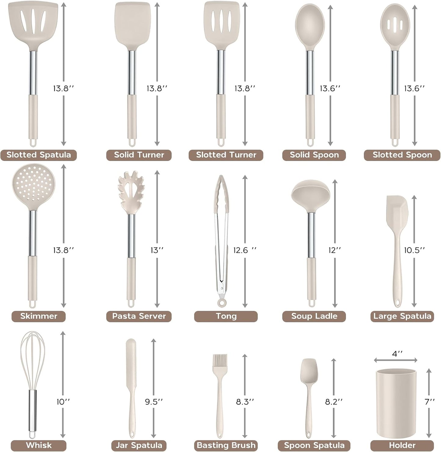 Onader Kitchen Utensils Set, 15 Pcs Silicone Cooking Utensils Set with Holder and Heat Resistant Stainless Steel Handle for Nonstick Cookware - Black