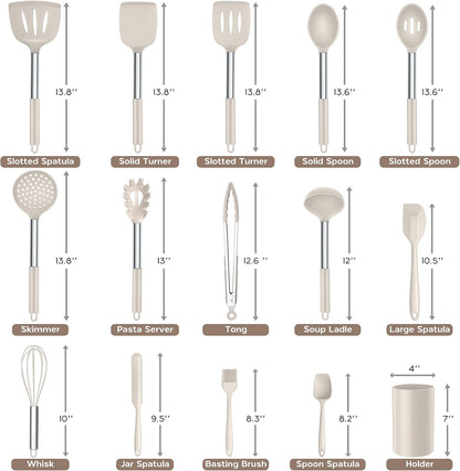 Onader Kitchen Utensils Set, 15 Pcs Silicone Cooking Utensils Set with Holder and Heat Resistant Stainless Steel Handle for Nonstick Cookware - Black