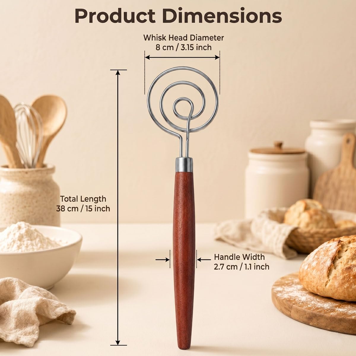 Danish Dough Whisk, 304 Stainless Steel Hook Bread Mixer for Sourdough