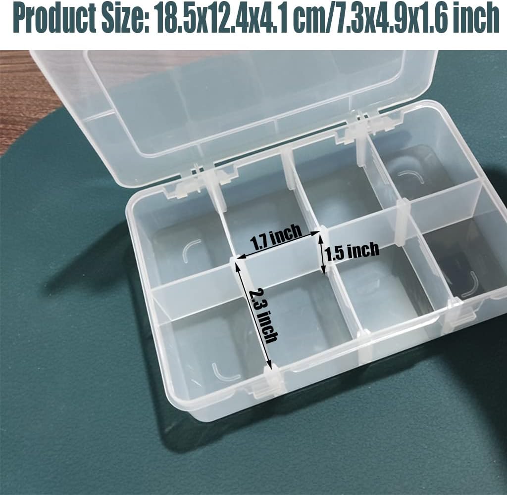 2 Pcs 8 Grids Clear Organizer Box Plastic Storage Container with Adjustable Dividers for Electronics Jewelry Beads Art DIY Crafts Fishing Small Parts