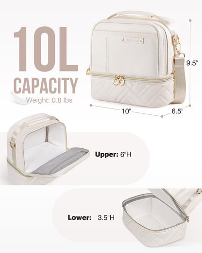Double Deck Lunch Box Bag Women - Vegan Leather Insulated Waterproof Leakproof Cooler for Work Travel Picnics - Teacher Mothers Day Christmas Birthday Gifts