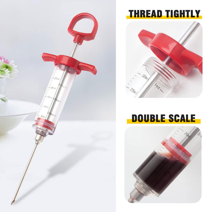 Meat Injector, Plastic Marinade Turkey Injector Syringe with Screw-on Meat Needle for Smoker BBQ Grill, 1-oz, Red, Recipe E-Book (Download PDF)
