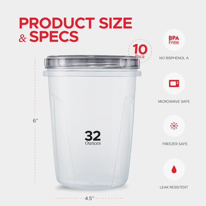 Tafura 10 Pack Leakproof Freezer Containers for Food with Twist Top Lids - 32 Oz BPA Free Reusable Plastic Soup Containers with Screw On Lids - Ideal for Meal Prep, Leftovers & Pantry Organization