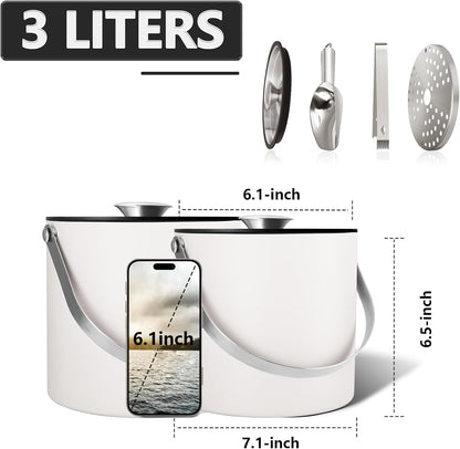 Bakpoco Insulated Ice Bucket with Silicone Lid, Scoop, Tongs & Strainer, 3L Stainless Steel Double Wall Ice Buckets for Parties & Cocktail Bar, Champagne Ice Bucket with Lid for Freezer, Ivory