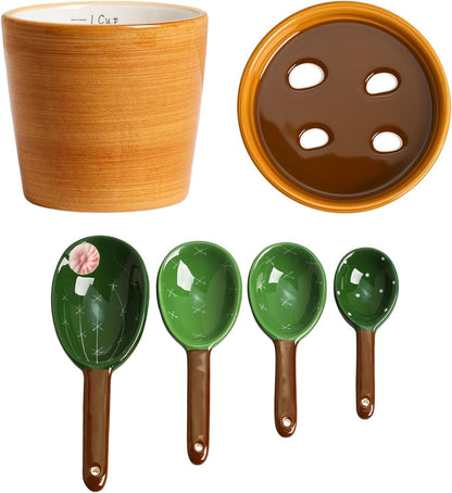 Sizikato 4pcs Porcelain Measuring Spoons with Base, Cute Cactus Shape