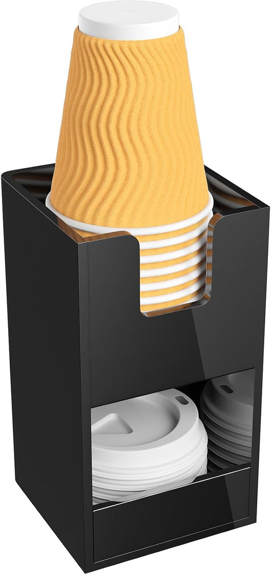 Coffee Condiment and Cup Organizer - 2-Tier Upright Cup and Lid Holder with Straw Organizer 2 Compartments Clear Acrylic Cup Dispenser for Restaurant Breakroom Coffee Station Countertop