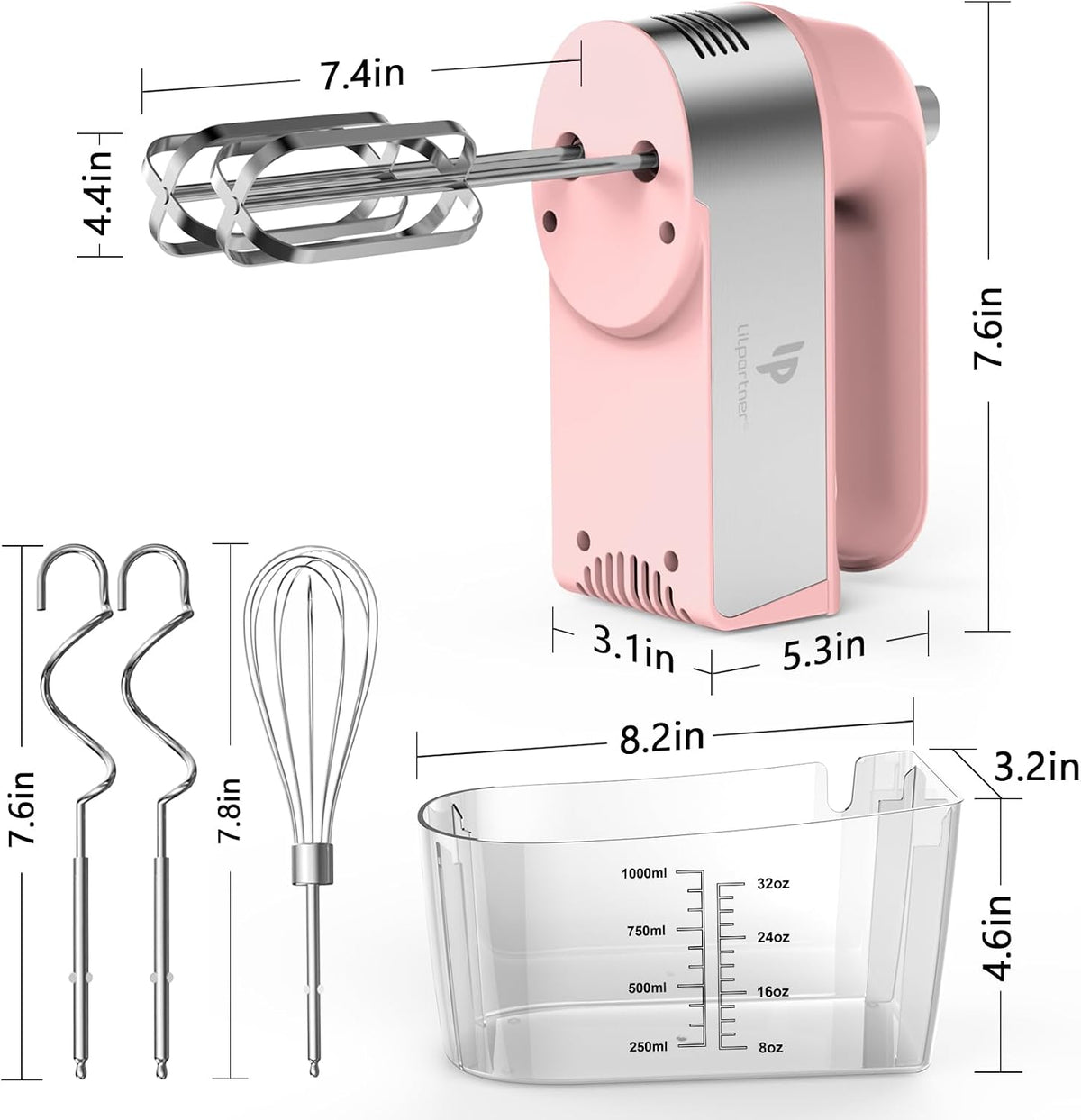 Hand Mixer Electric, 450W Kitchen Mixers with Scale Cup Storage Case, Turbo Boost/Self-Control Speed + 5 Speed + Eject Button + 5 Stainless Steel Accessories, For Easy Whipping Dough, Cream, Black