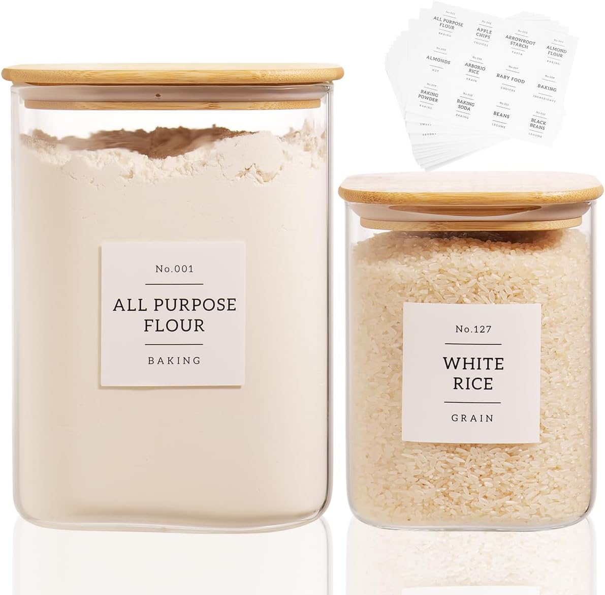 2 Pack large Square Glass Flour and Sugar Containers with 132 Kitchen Pantry Labels - 149 floz & 71 floz - Glass Jars with Airtight Bamboo Lid - Glass Rice Canisters for Coffee, Pasta, Cookie, Cereal