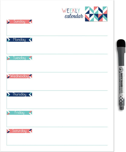 Dry Erase Weekly Calendar Planner Sticker Decal | Removable & Reusable | Magnetic Fine-Tip Marker Included (6 x 9 inches, White)