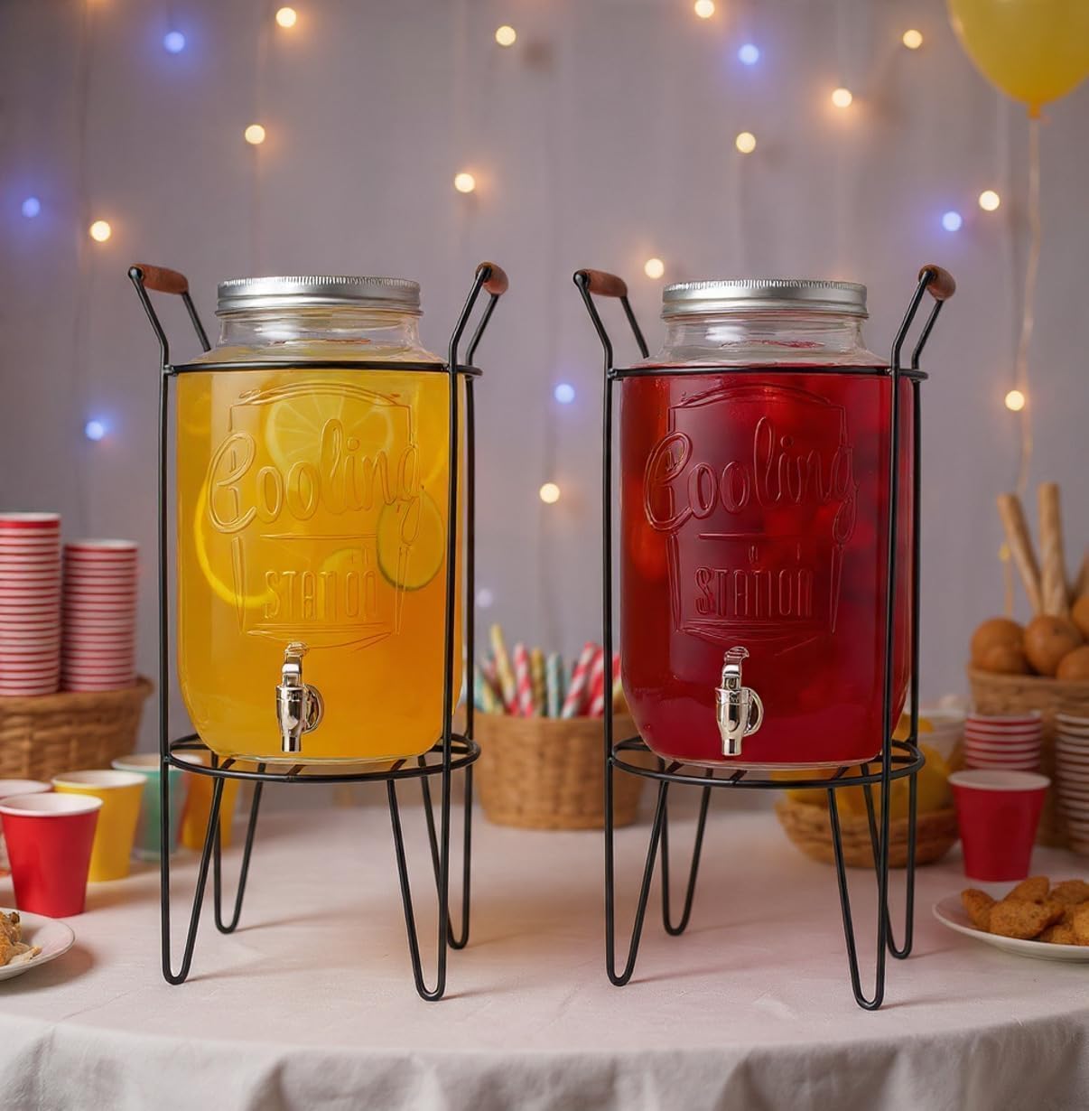 3 Gallon Classic Ice Cold Clear Glass Mason Jug Drink Beverage Dispenser Durable On Galvanized Stand With Leak Free Spigot-Easy Filling For Outdoor, Parties & Daily Use Lid