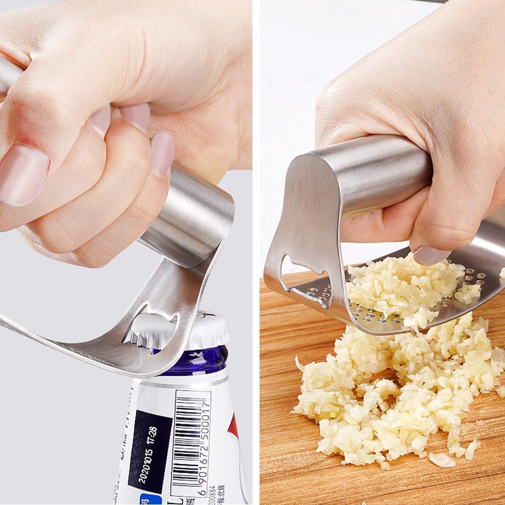 Garlic Press Rocker - 2024 NEW Stainless Steel Garlic Mincer Garlic Crusher with Peeler, New Innovative Garlic Chopper with Peeler and Scraper for Smash Garlic (Black)
