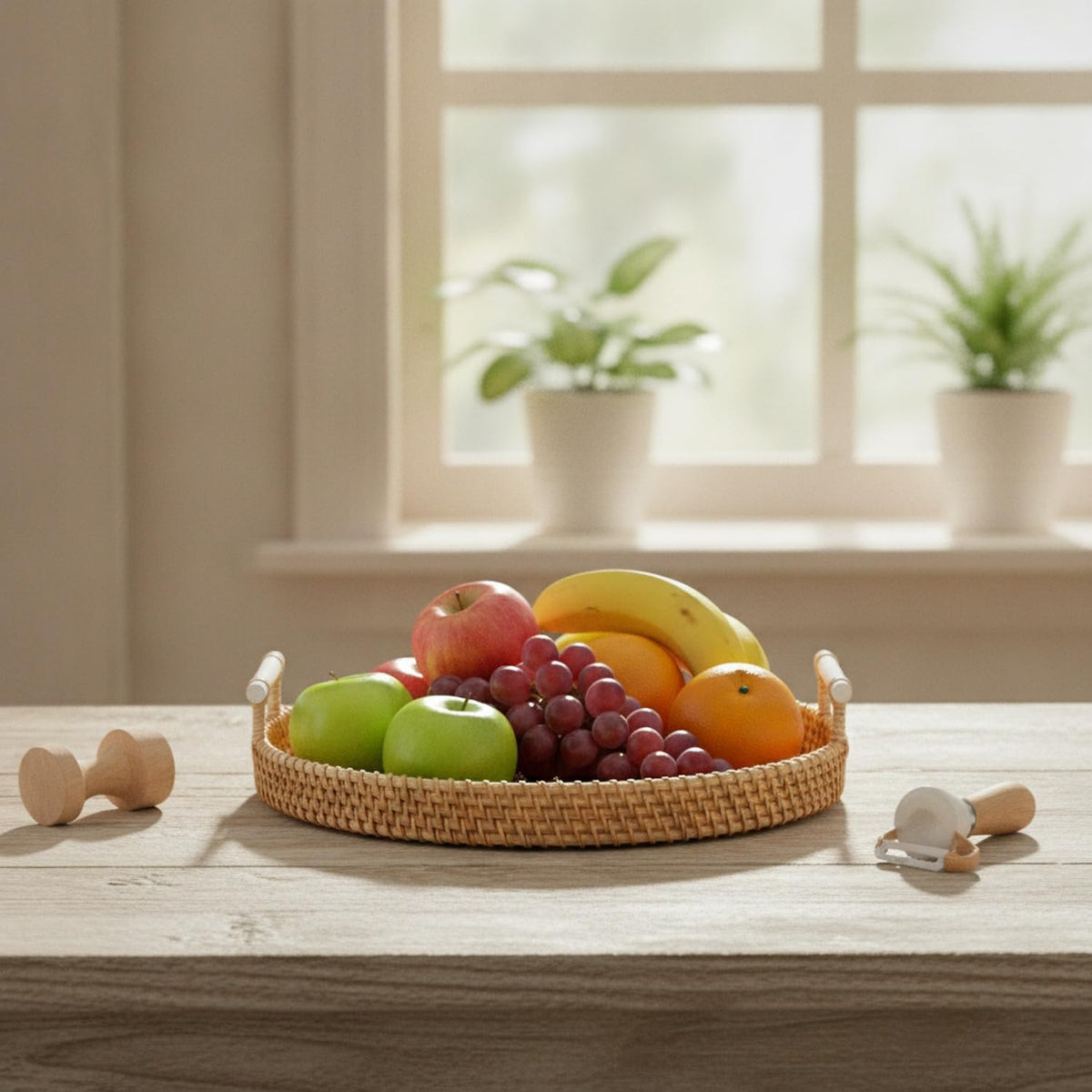 Hand Woven Rattan Basket with Wood Handle, Open Weave Storage Bin for Countertop Organization, Produce, and Home Decor