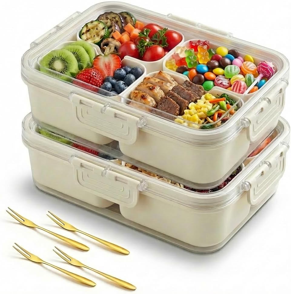 Divided Serving Tray with Lid, 4 Compartment Snack Containers, Snack Box Container for Candy, Snackle Box Container, Fruit and Snacks, Portable Small Snackle Box for Party, Picnic, Travel (2 PCS)